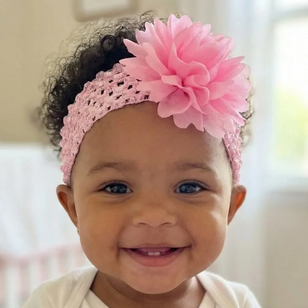 Baby Girl Pink Crochet Flower Headband | Soft Stretch Elastic | Newborn–Toddler